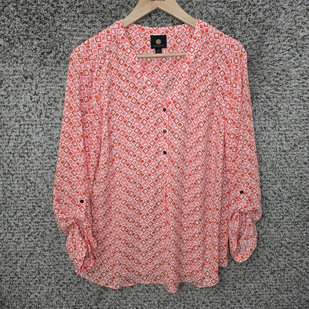JM Collection Top‎ Womens Medium Pink Printed Popover Blouse Semi Sheer Ladies